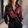 Women Shirt Lapel Long Sleeve Single Breasted Shirt Tops Smooth Fabric Satin Office Lady Shirt Versatile Autumn Wear