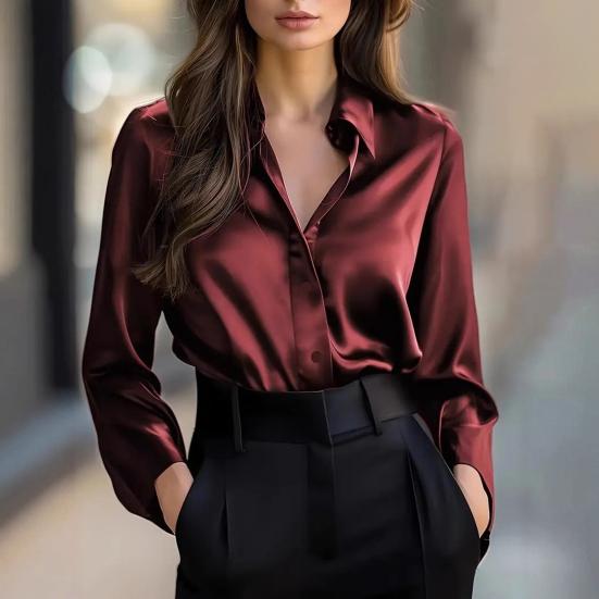 Women Shirt Lapel Long Sleeve Single Breasted Shirt Tops Smooth Fabric Satin Office Lady Shirt Versatile Autumn Wear