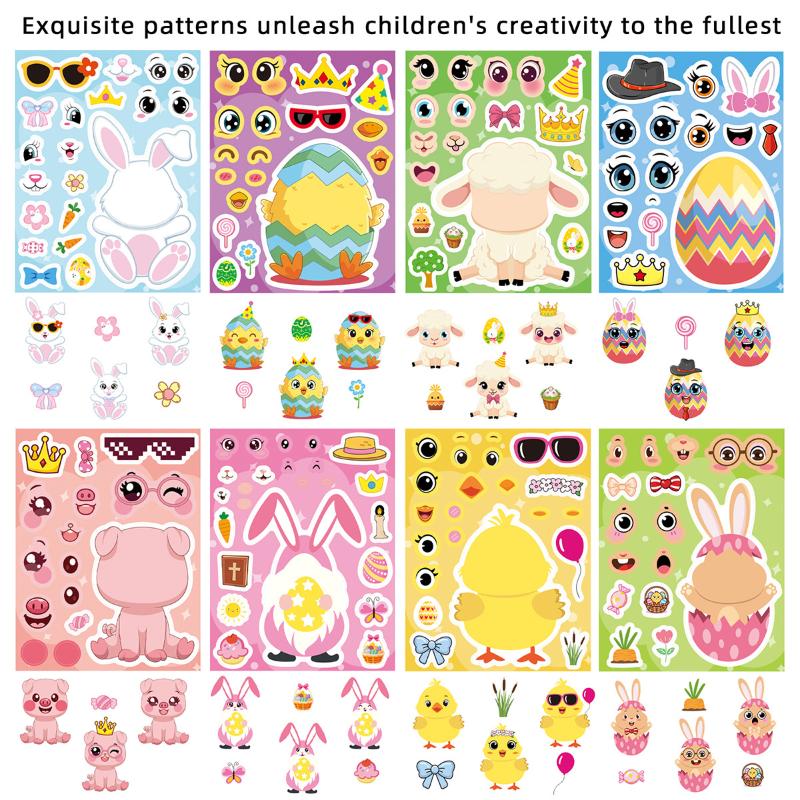 8/16 Sheets Cartoon Easter Eggs Puzzle Stickers Make Your Own Kawaii Chick Cow Rabbit Decals Children Jigsaw Toys For Kids Gift
