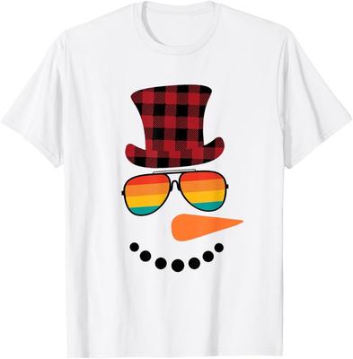 Snowman Face Carrot Nose Christmas Winter Plaid Santa Hat T-Shirt