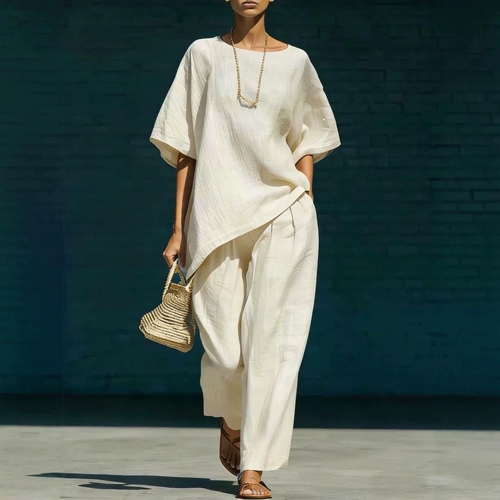 Completo da donna a tinta unita con scollo rotondo, maniche corte e pantaloni a gamba larga, casual, vestibilità larga, tuta estiva