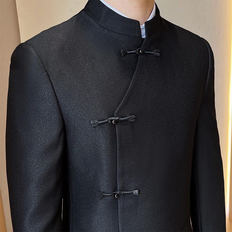 Romon Men's Black Chinese Style Stand Collar Suit Set