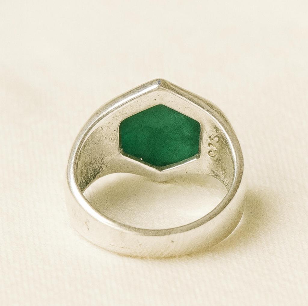 Hexagon Green Emerald Signet Ring, 925 Sterling Silver, Handcrafted Bohemian Ring