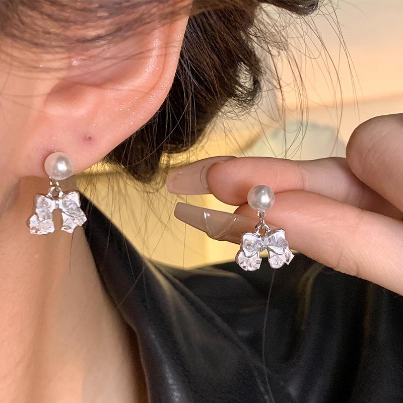 Korean Crystal Diamond Flower Pearl Earrings for Women - S925 Silver Luxury Design