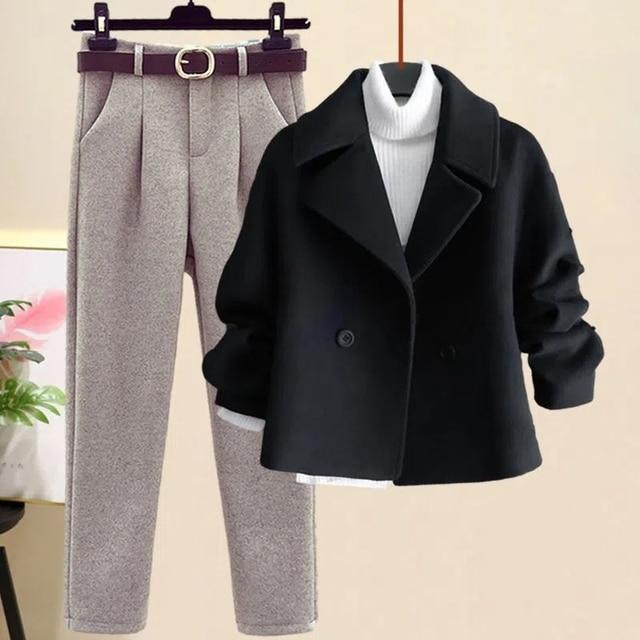 Autumn Winter Suit Jacket Jacket Long Sleeve Knitted Sweater Casual Trousers Three Piece Set Elegant Women's Pant Set