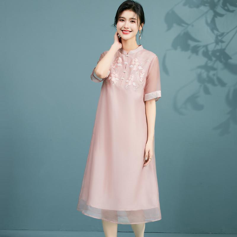 New Chinese Style Silk Dress with Embroidered Organza and Mulberry Silk for Summer