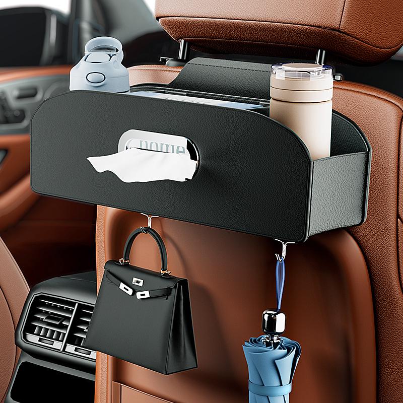 Car Seat Back Organizer With Hooks Leather Auto Backseat Hanging Cup Holder Tissue Box Holder Back Seat Headrest Storage Box