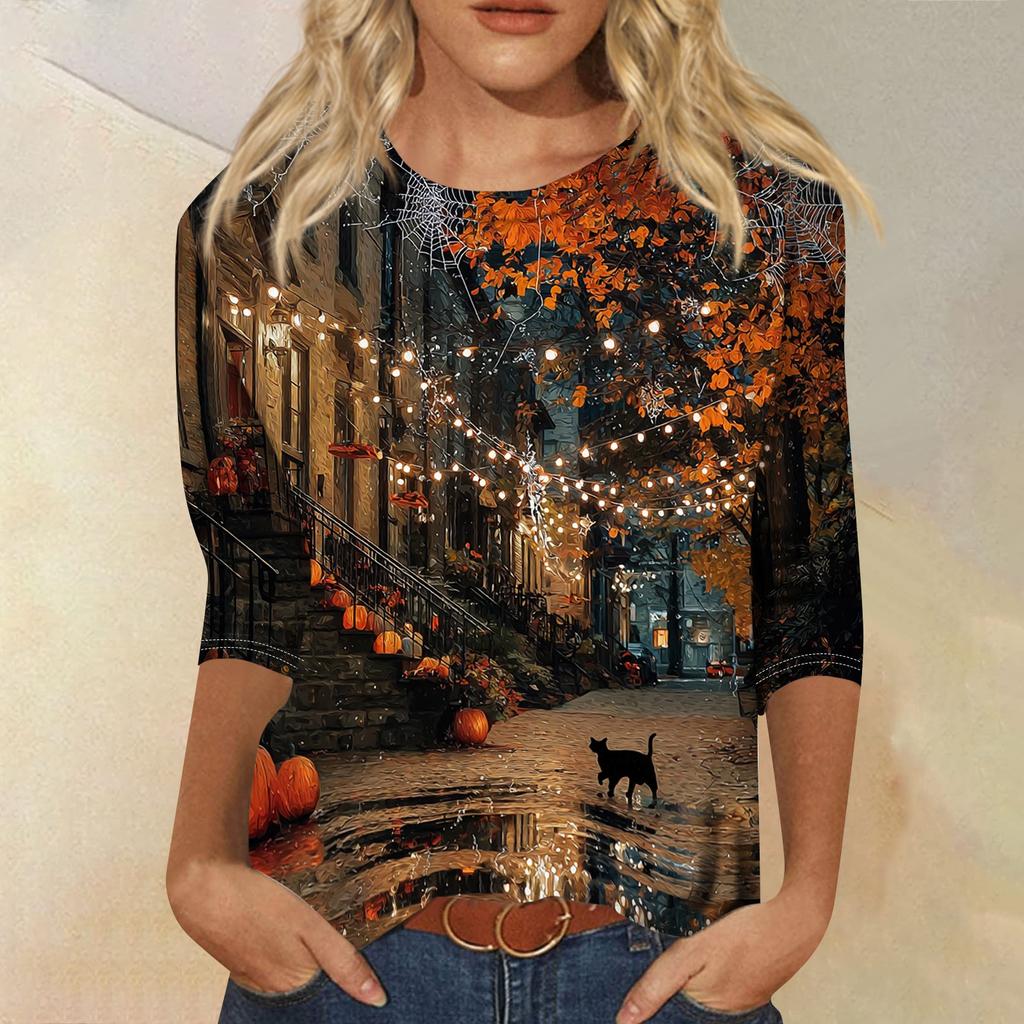 Women's Casual Halloween Print Round Neck Top Three Quarter Sleeve Lightweight Comfortable Street Style Shirt