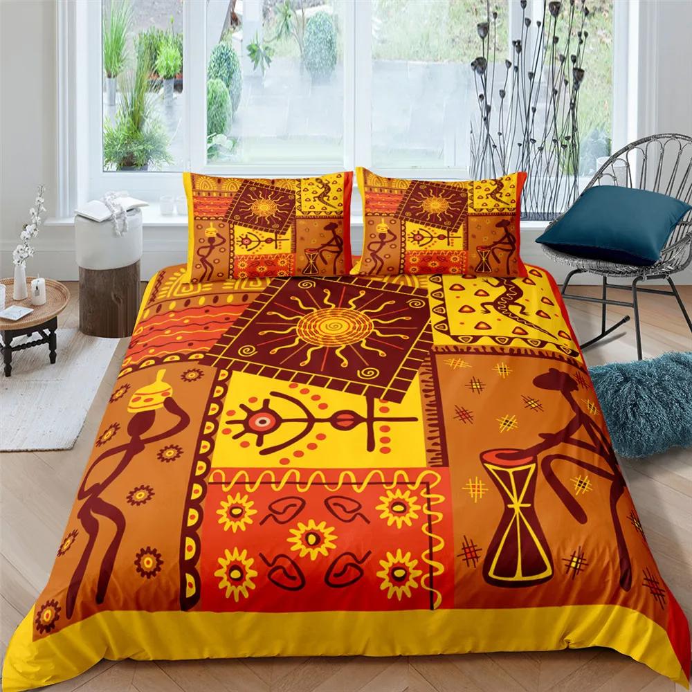 African Ethnic Bedding Set Orange Bohemian Style Duvet Cover King Queen Vintage Woman Polyester Comforter Cover For Teens Adults