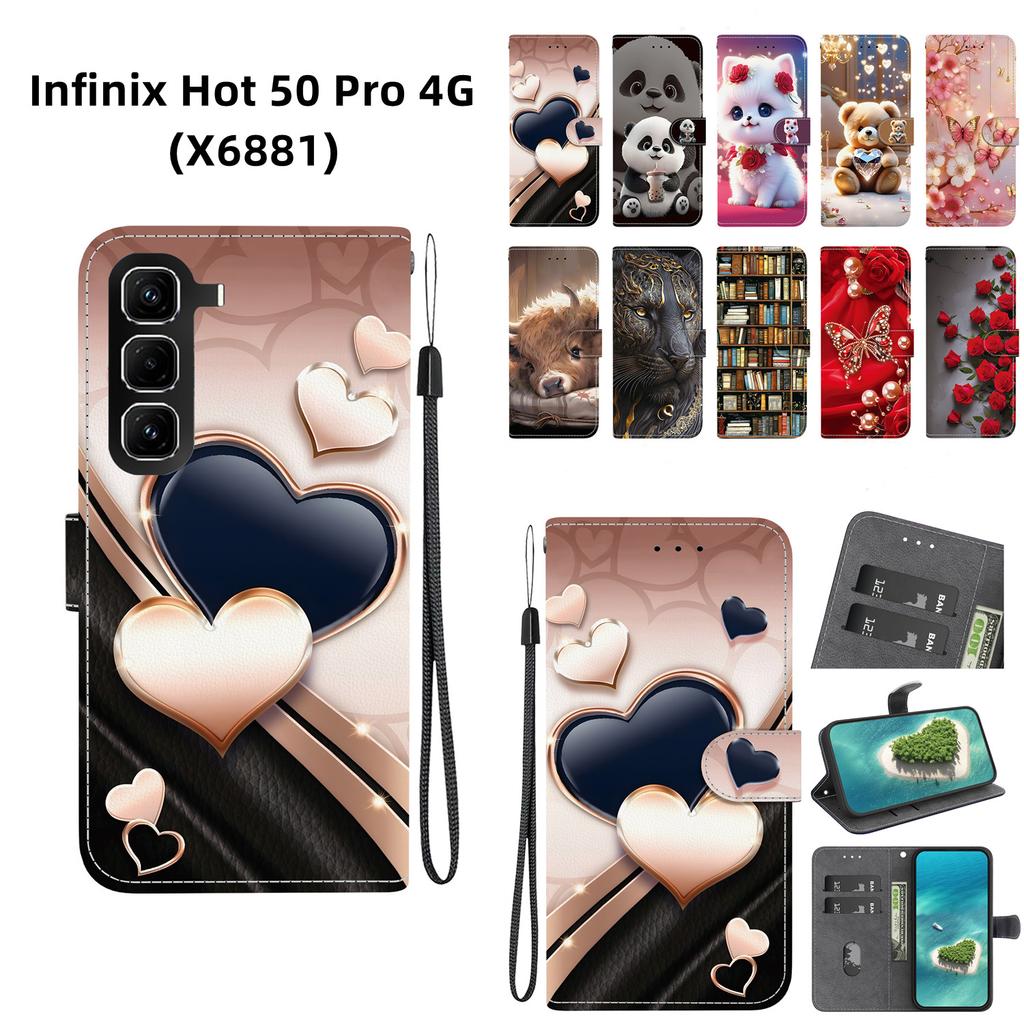 Handgefertigte PU-Leder-Flip-Hülle für Infinix Hot 50 Pro 4G (X6881) Rutschfeste Stoßfeste Hülle mit Handschlaufe & Herz/Rose Katze Designs