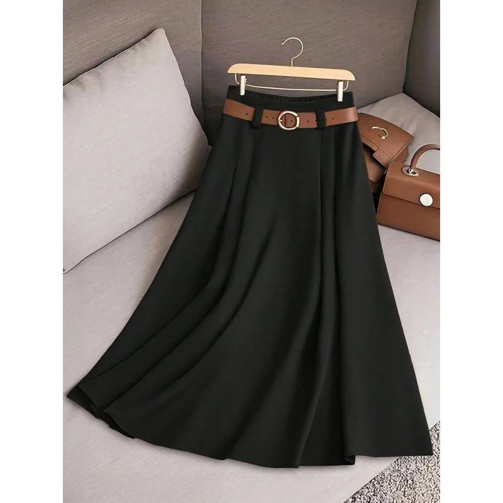 Women's A-Line Maxi Skirt Elegant Solid Color Flared Umbrella Hem with Multiple Vertical Pleats Skirt(No belt included)