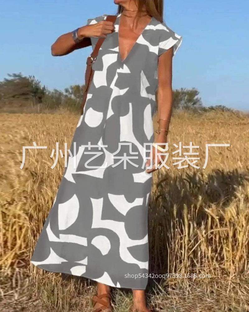 Elegant ladylike V-neck loose waist dress, summer fashion new versatile long skirt, Europe and America