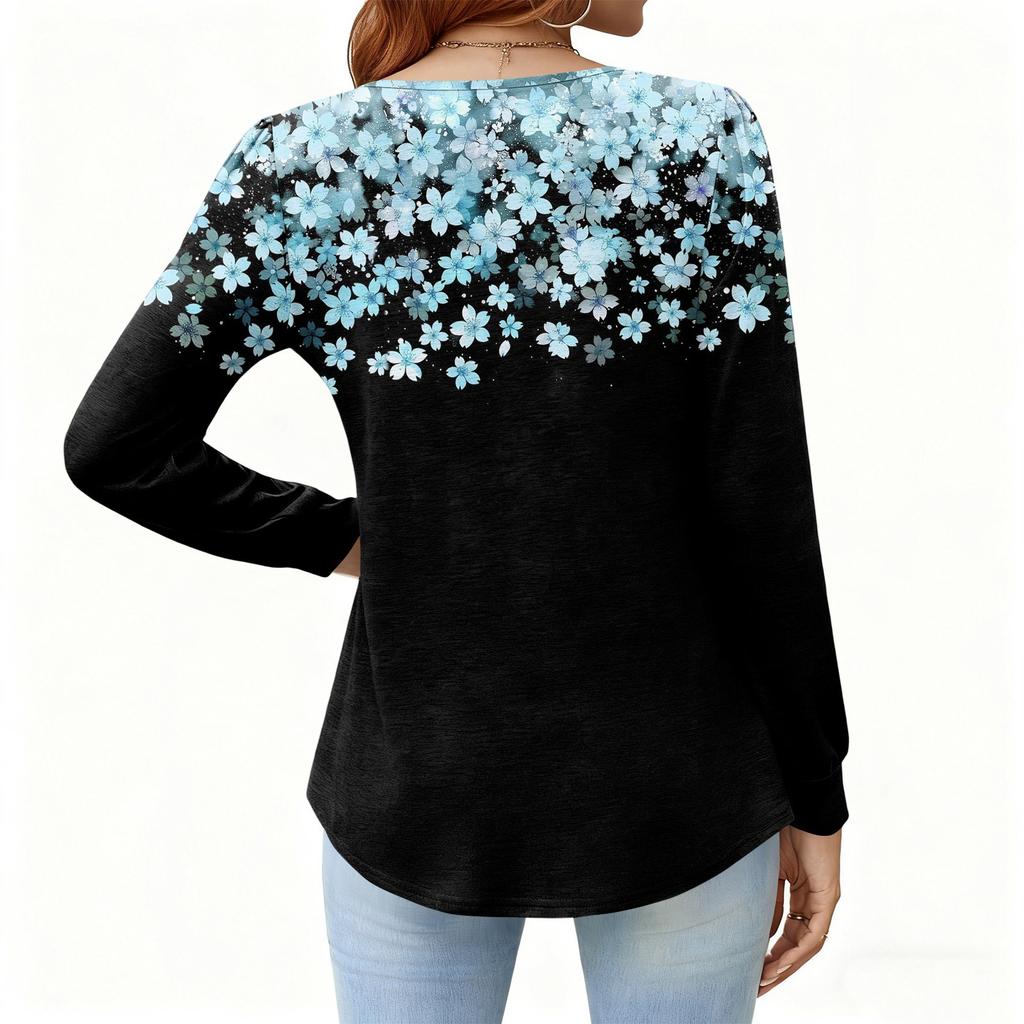 Tricou Pulover de Damă, Croială Relaxată, Gât în V, Culoare Vintage, Blocuri de Culoare cu Imprimeu Floral, Mânecă Lungă