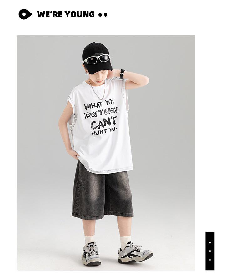 Boys' Trendy Sleeveless Set: Summer Thin Denim Bermuda Shorts & Spray Dye Print Vest T-shirt.