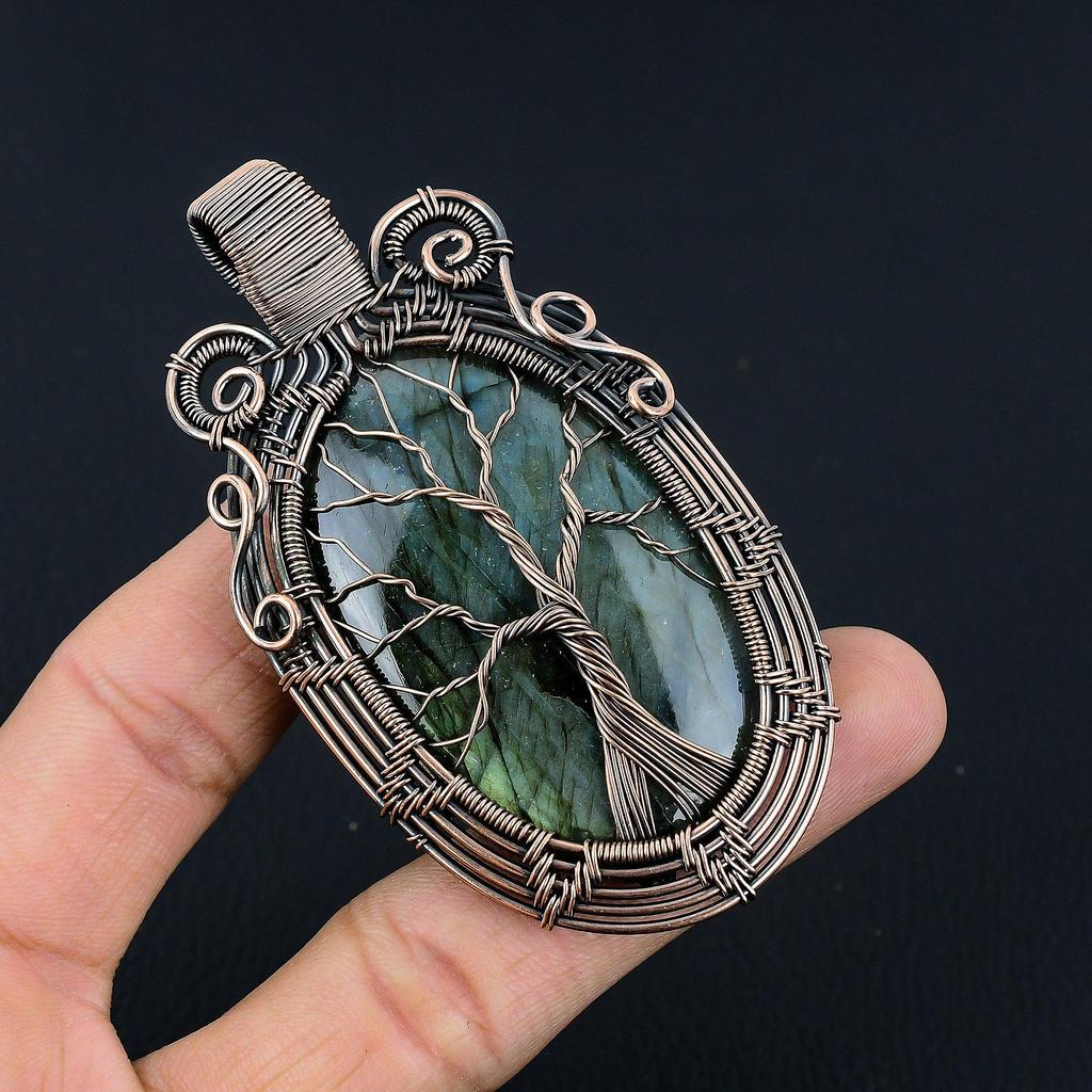 Tree Of Life Labradorite Pendant, Handmade Gemstone  999 Copper Wire Wrapped Pendant Antique Jewelry, For Gift Silver Jewelry