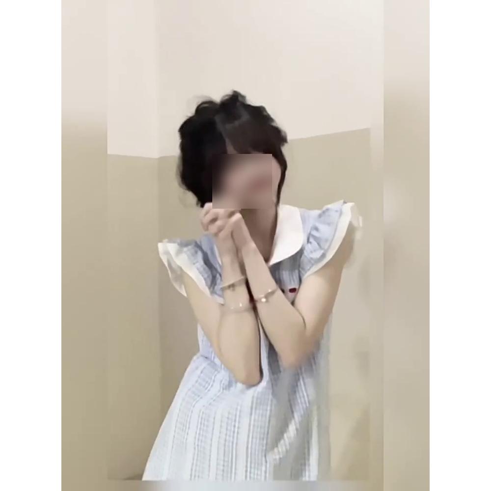 Feifei Sleeve Striped Dress Women's Summer Doll Collar Sweet Skirt Casual Fashion Belly Skinny Short Skirt