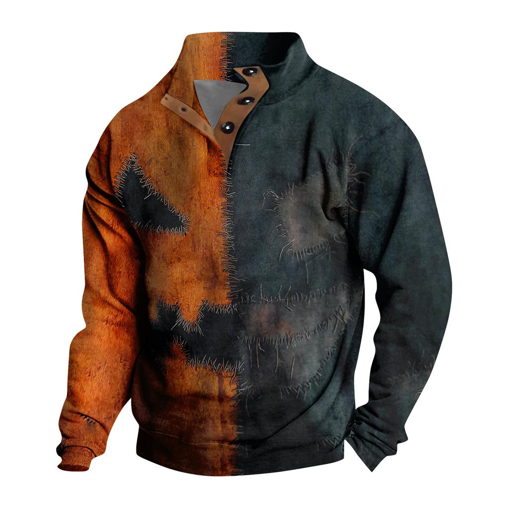 Men's Casual Fashion Christmas Printed Hoodless Sweatshirt Wide Men's Loose Button Stand Collar Hooded Sweatshirt