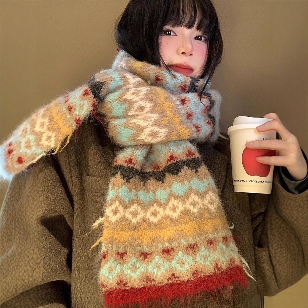 Fair Island Wind Knitted Scarf Women's Autumn and Winter Advanced Sense of Contrasting Colors Thickened Warm Korean Atmosphere Scarf Student