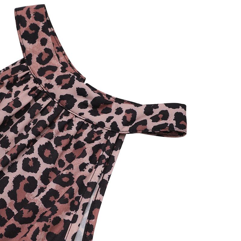 VEZFAA Women's Fashion Summer Spring Leopard Print Sleeveless Hanging Neck High Waist Casual Dresses