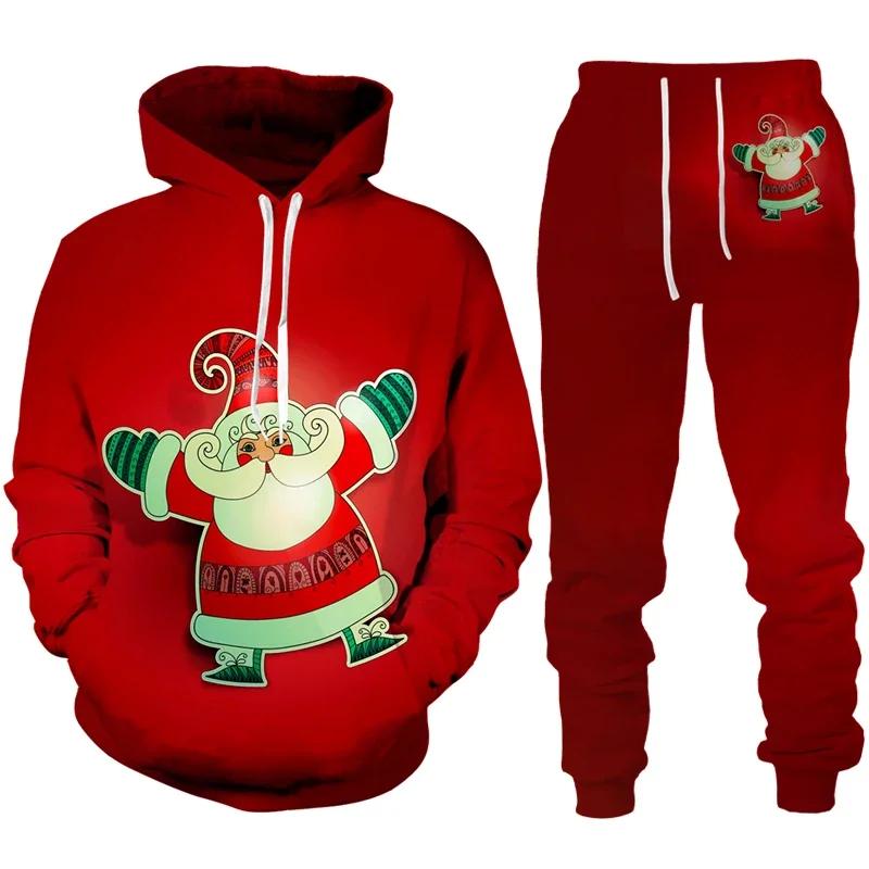 3D Print Hoodies Suit Christmas Santa Claus Man Woman Tracksuit Pants 2pcs Sets New Year Holiday Party Casual Pullover Oversized