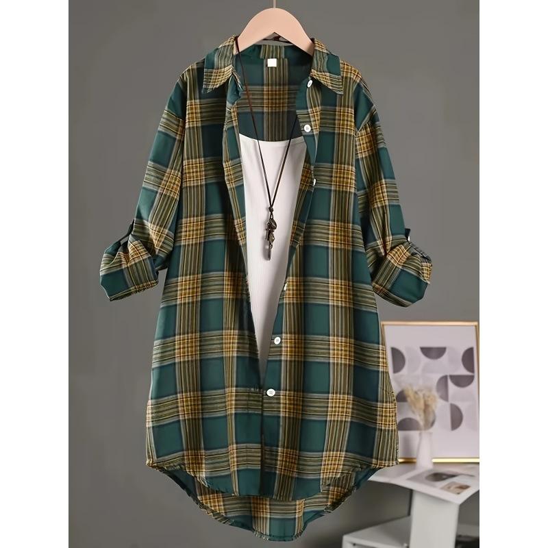 Leinenblusen Damen Damen Hemd mit Knöpfen Chinesischer Stil Damenbekleidung Kariert Langarm Vintage Oberteil Hemden