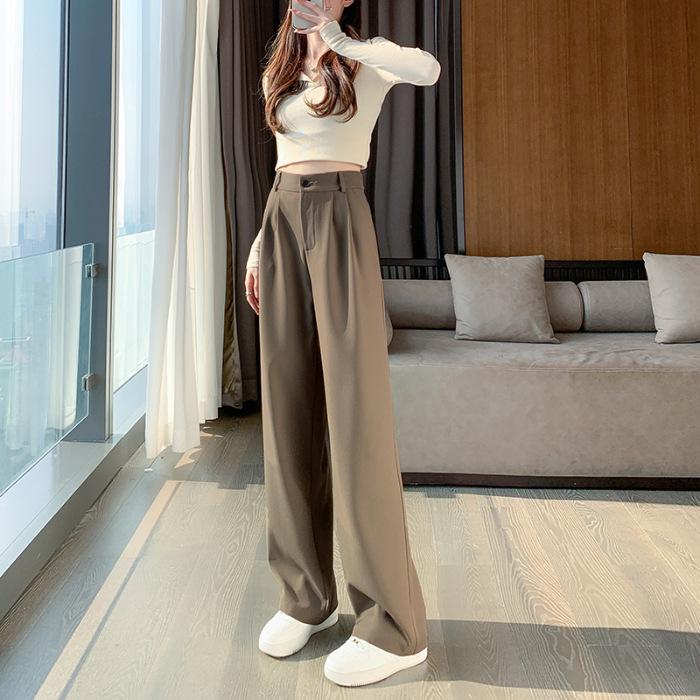 Women's High-Waisted Wide-Leg Drapey Trousers - Plus Size, Korean Style, Slimming, Floor-Length, Suited for Spring and Autumn.
