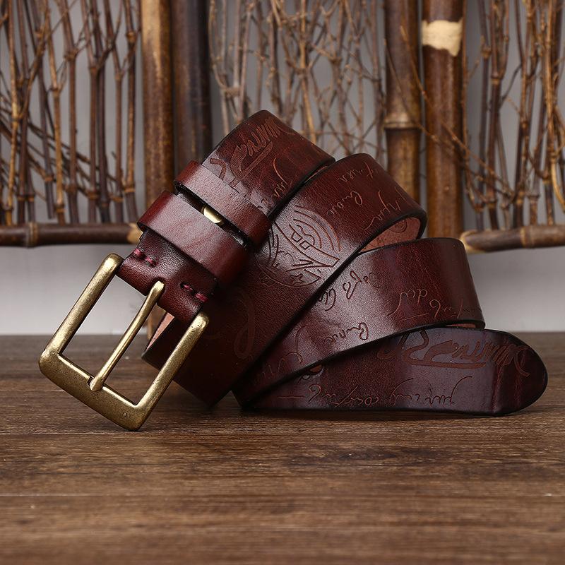 Retro Handmade Laser Engraved Pattern Men'S Belt Men'S Personality Trend Versatile Leather First Layer Cowhide Belt