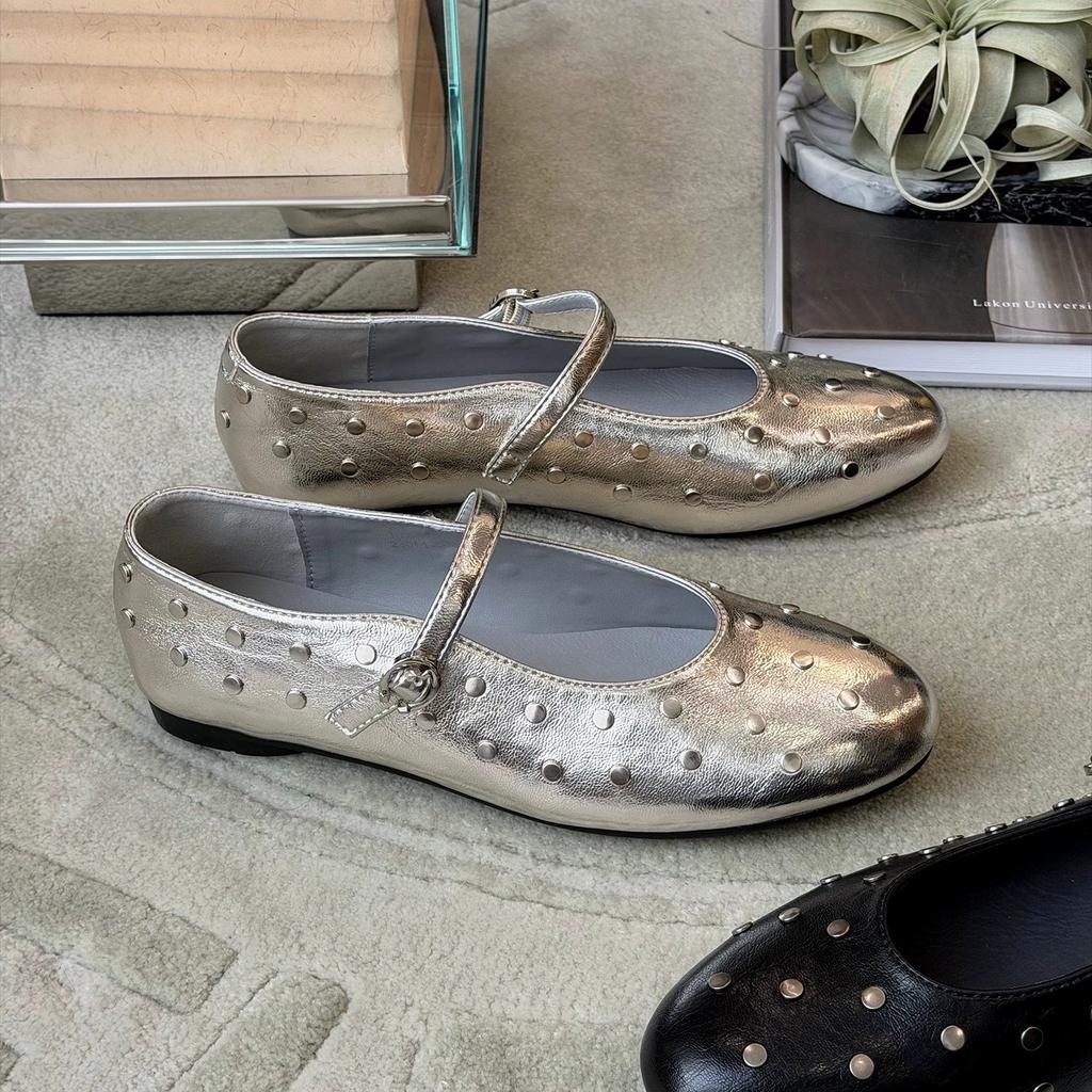 2026 Spring New Mary Jane Shoes Women's Round Head Rivet Flat-soled Single Shoes French Shallow Mouth Small Leather Shoes Versatile Retro