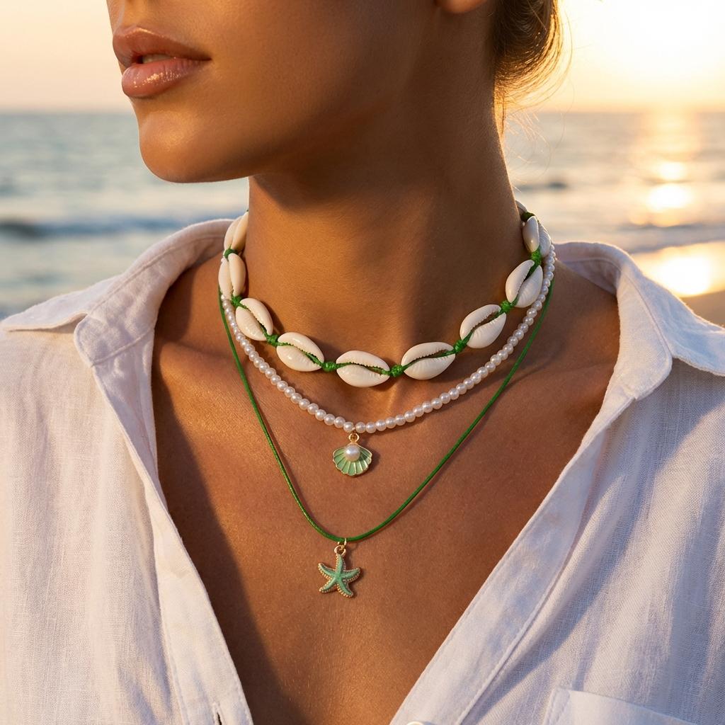Bohemian Multilayer Shell Starfish Pendant Necklace for Women Imitation Pearl Conch Layered Chain Choker Beach Party Jewelry