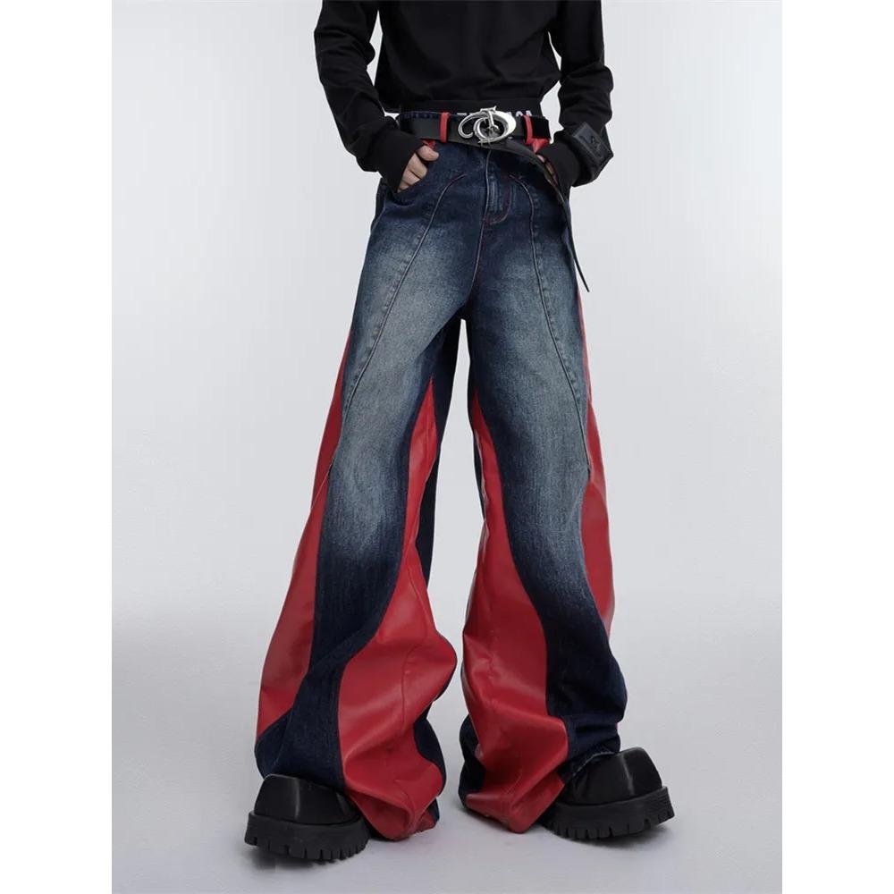 ZYLLO Y2K Streetwear Red Pu Leather Patchwork Baggy Jeans Pants For Men Designer Clothes Wide Leg Loose Denim Trousers