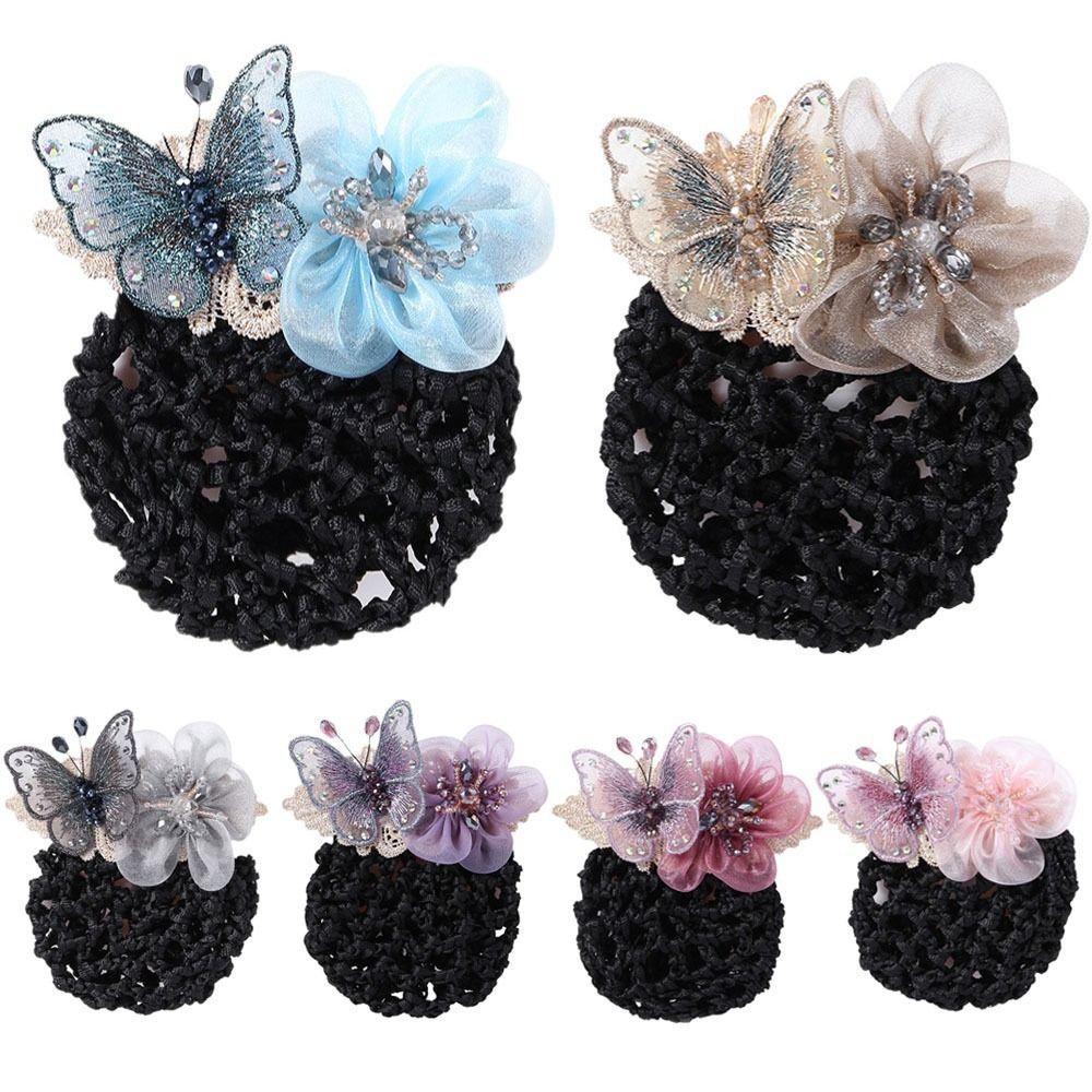 Butterfly Flower Elastic Hair Net Rhinestone Beads Decor Hair Bun Holder  Hotel Staff Uniform