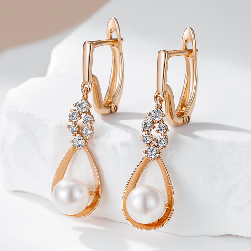 Luxury Unique Natural Zircon Pearl Long Drop Earrings For Women  Rose Gold Color Bridal Wedding Jewelry  New