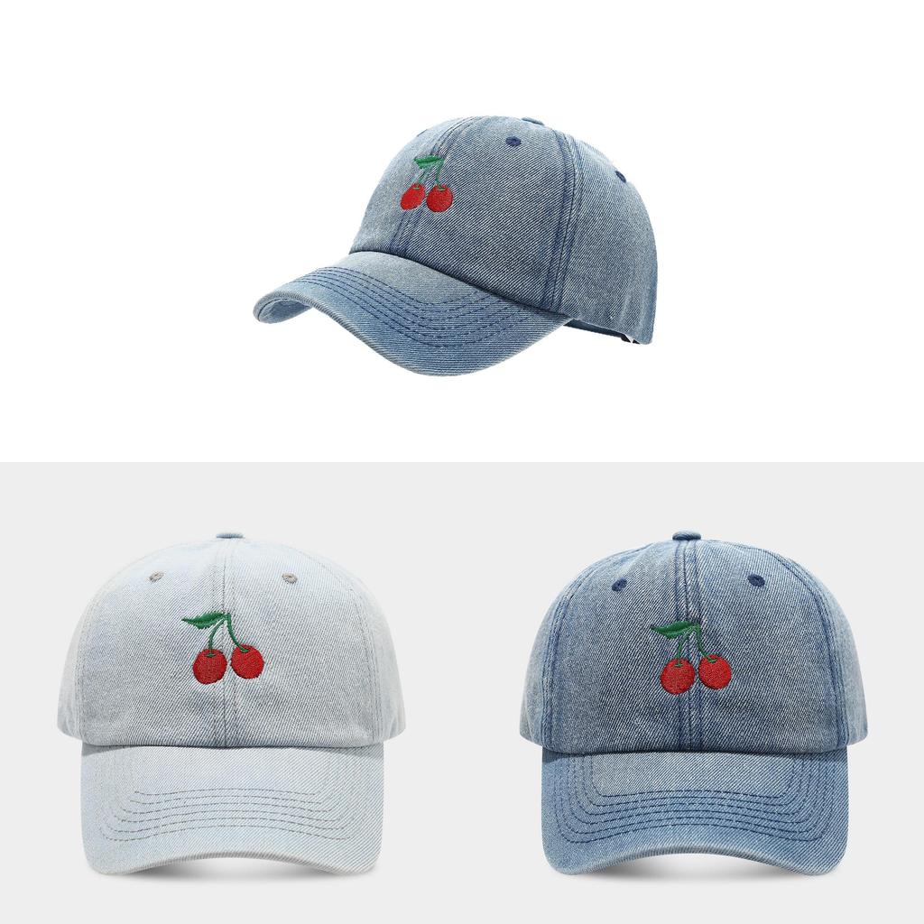 Cherry Embroidered Denim Baseball Cap For Women With Sun Protection And Breathability