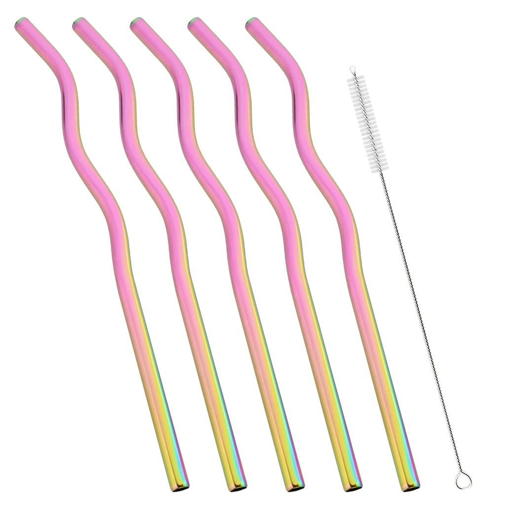 5pcs Wavy Stainless Steel Straw Set Fruit Juice Milkshake Cocktail Bubble Tea Straws Straight Drinking Straw Bar Accessories