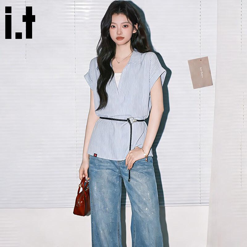 CHOCOOLATEit Women s V-Neck Faux Two-Piece Short Sleeve Shirt S