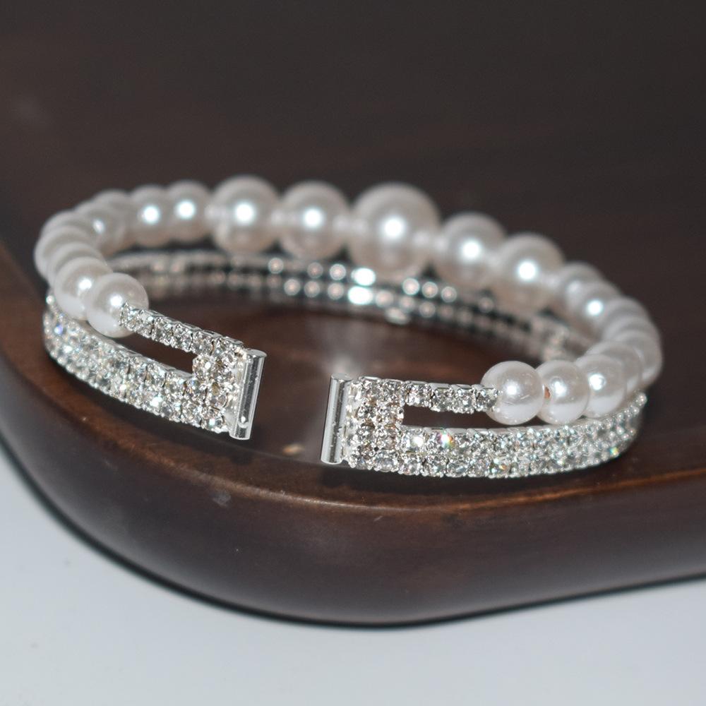 Hot Sale Baroque Crystal Pearl Opening Bracelet Gold and Silver Color Rhinestone Multi-Layer Bridal Wedding Jewelry