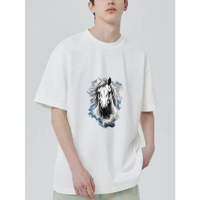 Men's Oversized T-Shirt Black Horse Head With Lightning And Clouds Print Casual Streetwear For Everyday Wear