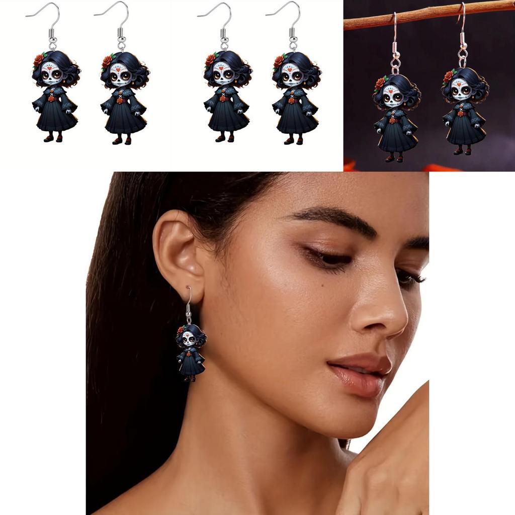 Halloween Themed Black Skull Rose Girl Four Pattern Women Acrylic Earrings For Unisex Daily Wear