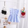 Girls Summer Cotton Plaid Shirt Pleated Flutter Sleeve Cute Short Sleeve Blouse Top