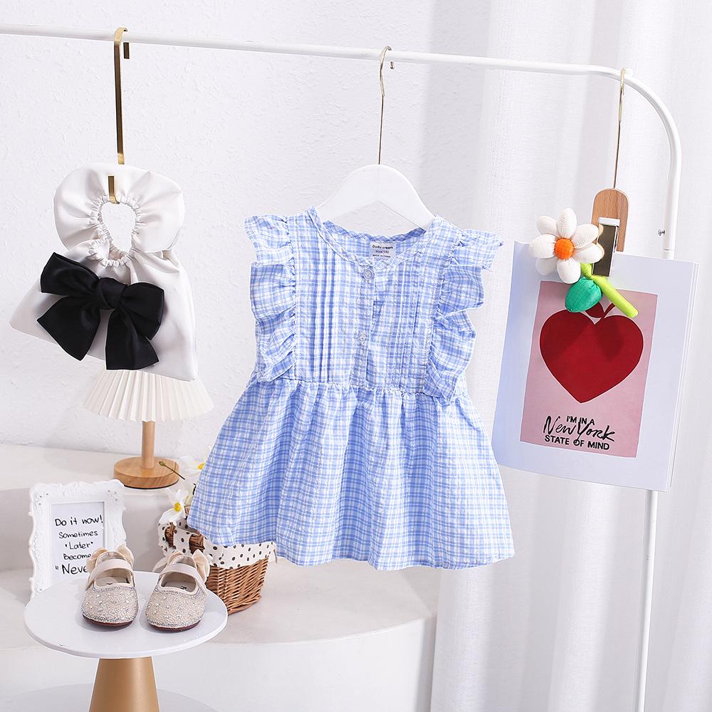 Girls Summer Cotton Plaid Shirt Pleated Flutter Sleeve Cute Short Sleeve Blouse Top
