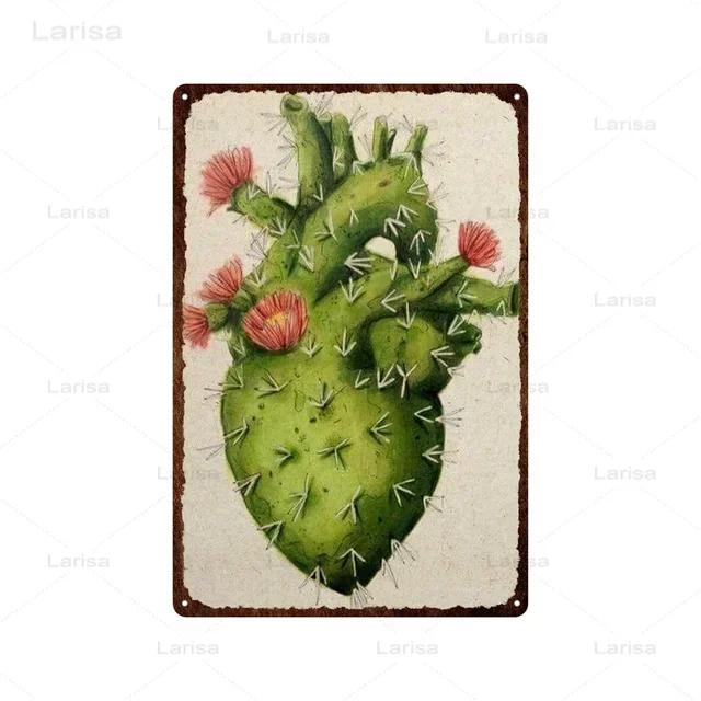 Vintage Floral Metal Plaque  Green Plants  Cactus Tin Sign  Wall Decoration for Garden Kitchen Living Room  Iron Painting Home D