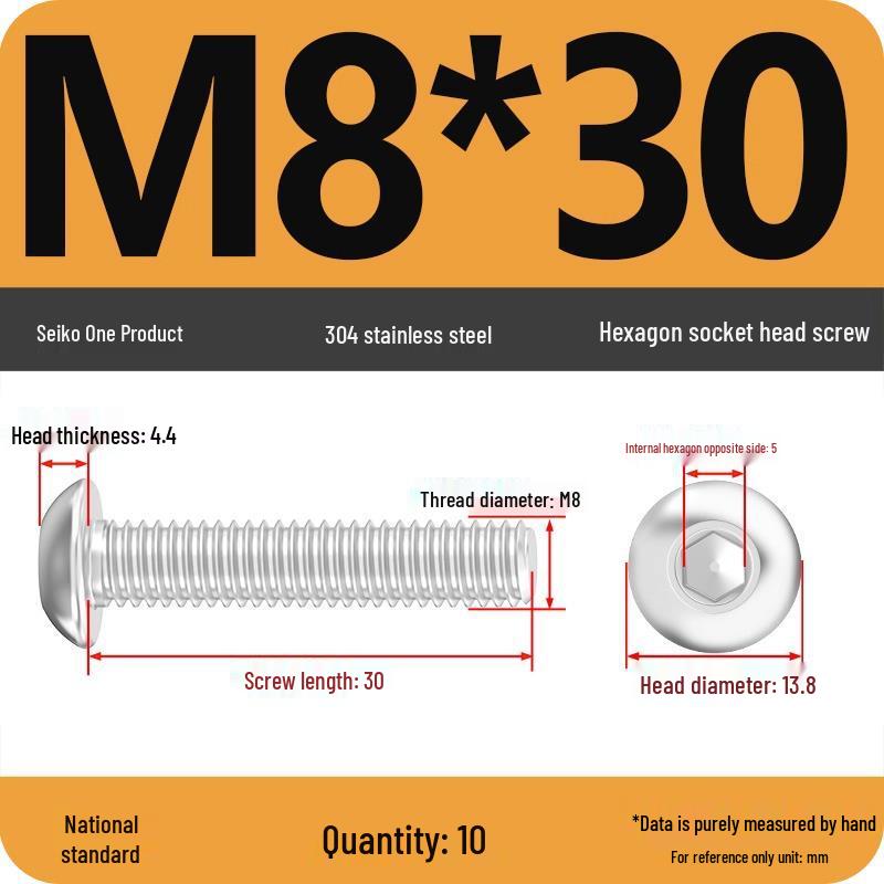 304 Stainless Steel Pan, Half, and Round Head Hexagon Screws (M2-M12)