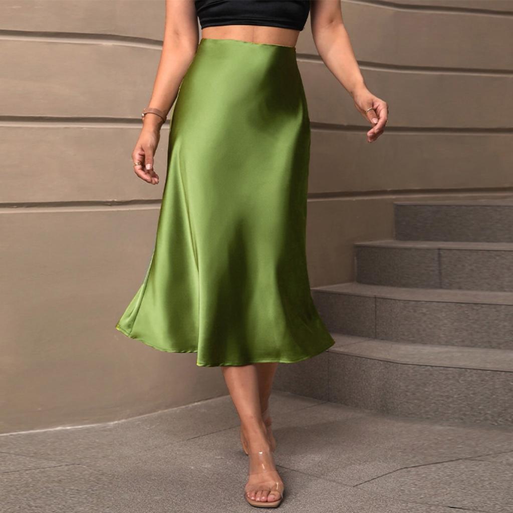 Herbst Eleganter Satin A-Linien Midi-Rock Polyester Lässiger Rock für Damen Europäischer Amerikanischer Stil