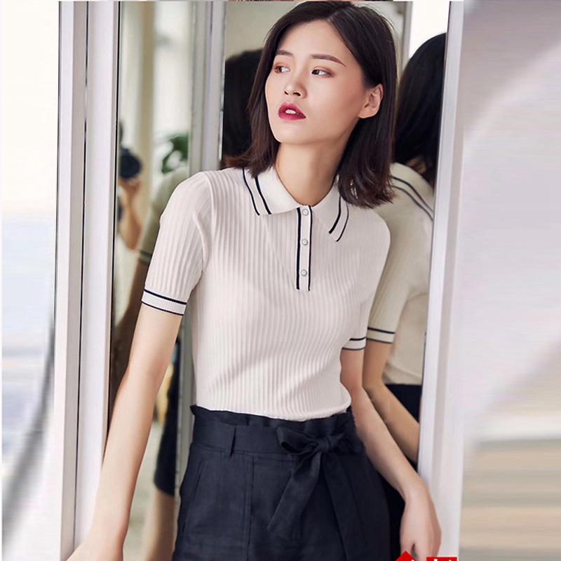Gejia 2024 Spring/Summer Women's Polo Collar Color Block Short Sleeve Ice Silk Slim Fit T-Shirt