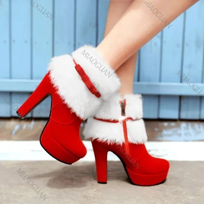 Fashion 2025 Winter New Women Fur Boots Waterproof Platform High Heel Thick Cotton Boots Bow Decorative Comfortable Christmas Red Botas