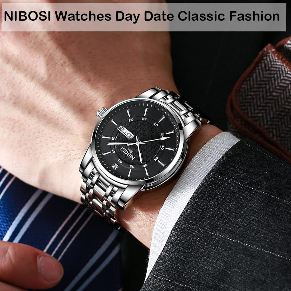 NIBOSI Men's Classic Silver Stainless Steel Wristwatch Waterproof Analog Metal Band Casual Gift Date and Day Fluorescent Watch