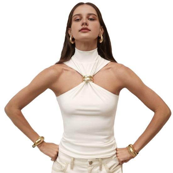 

Женские топы с высоким воротником и рукавами, однотонные, эластичные, облегающие M бежевый