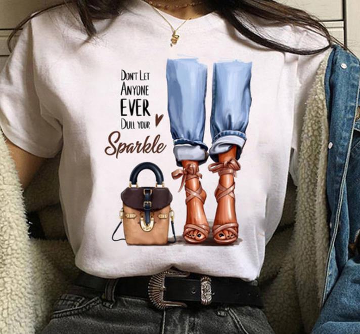 

Fashion Women Graphic T Shirt Stylish Outfit High Heels Bag Inspirational Quote Elements Designs Trendy Casual Short Sleeve Tee S