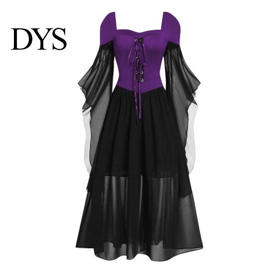 Wave Collar Dress Vinatge Women Irregular Horn Sleeve Solid Color A-line Big Hem Slim Square Neckline Waist Pleated Lace-up Strap Medieval Halloween