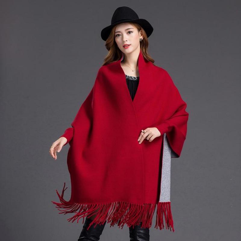 Women'S Double-Sided Shawl, Scarf, Dual-Purpose Fringed Thickened Long-Sleeved Cashmere-Blend Cape Jacket